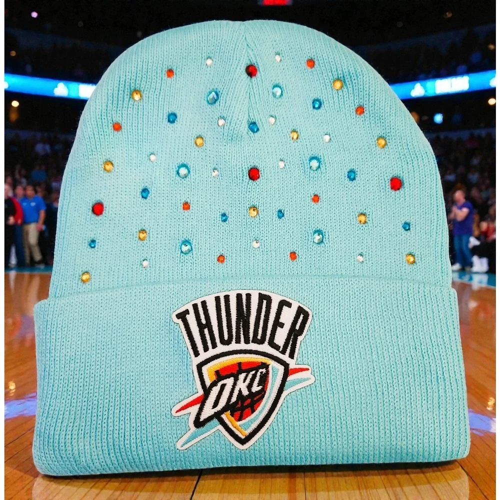 OKC Thunder Baby Blue Beanie‎ design with logo and rhinestones